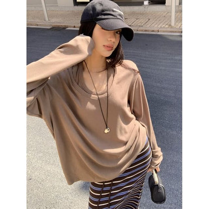 Loose-Fit Long-Sleeve Tee with Striped Maxi Skirt