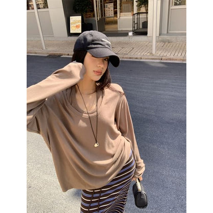 Loose-Fit Long-Sleeve Tee with Striped Maxi Skirt