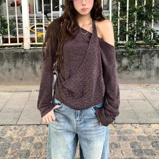 Dotted Cold Shoulder Mock Two-Piece Long Sleeve Top
