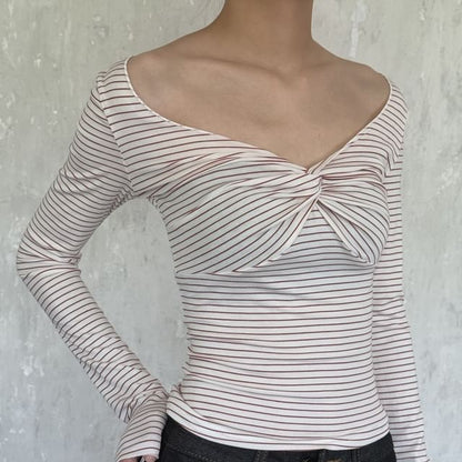 Striped V-Neck Long-Sleeve Knit Tee