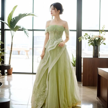 Plain Floral Applique Ruffle Panel Mesh A-Line Tube Evening Gown