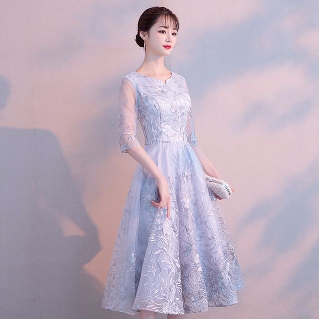 Elbow Sleeve Notch Neck Floral Embroidered Mesh Midi A-Line Cocktail Dress