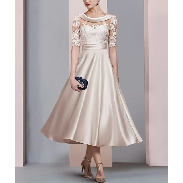 Short Sleeve Collared Plain Lace Panel Satin Midi A-Line Cocktail Dress
