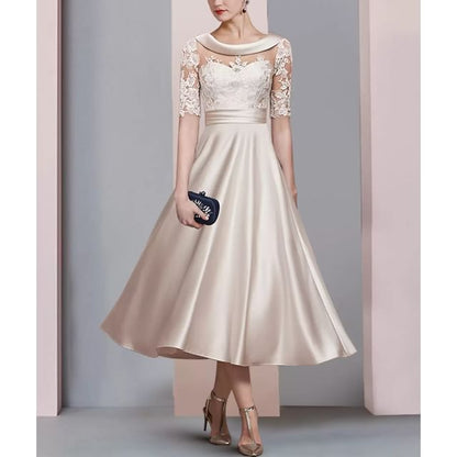 Short Sleeve Collared Plain Lace Panel Satin Midi A-Line Cocktail Dress