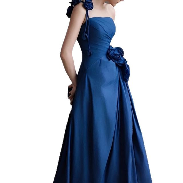 Spaghetti Strap One Shoulder Plain Floral Detail Ruched A-Line Evening Gown