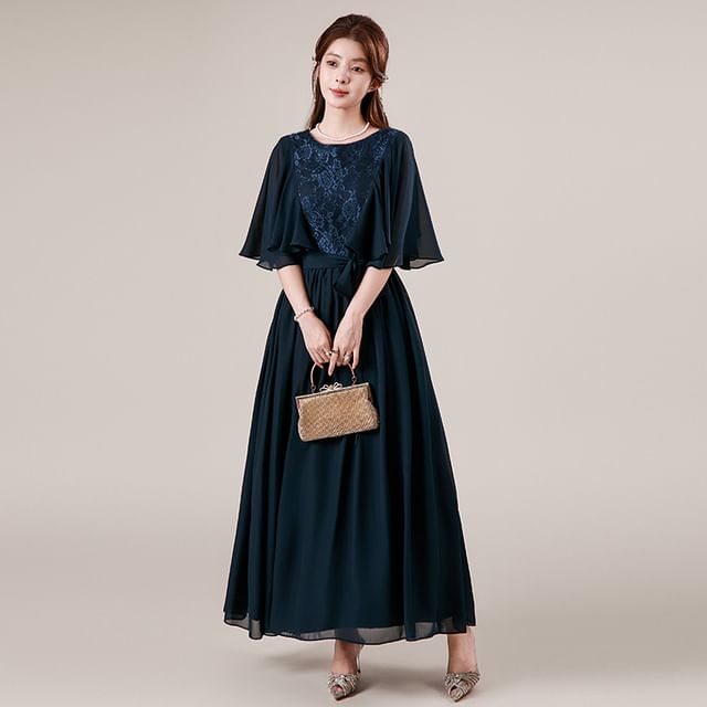 Flutter Sleeve Round Neck Plain Panel Lace Maxi A-Line Cocktail Dress