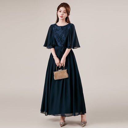 Flutter Sleeve Round Neck Plain Panel Lace Maxi A-Line Cocktail Dress