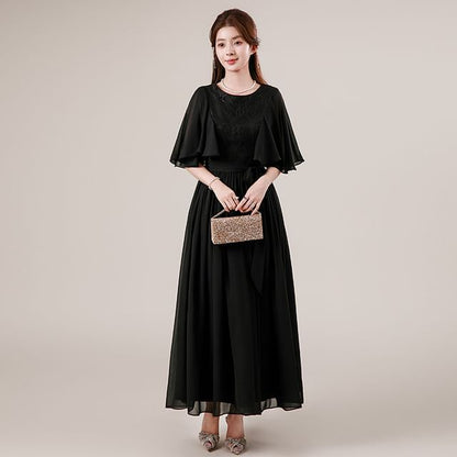 Flutter Sleeve Round Neck Plain Panel Lace Maxi A-Line Cocktail Dress