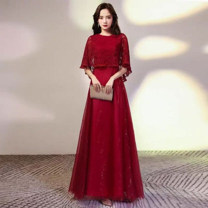 Cape Sleeve Round Neck Plain Lace Panel Mesh A-Line Evening Dress