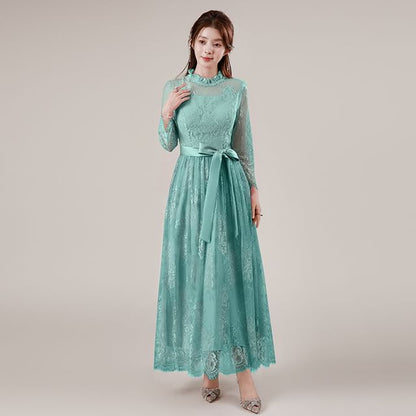 Long Sleeve Mock Neck Plain Frill Tie-Waist Lace A-Line Evening Dress