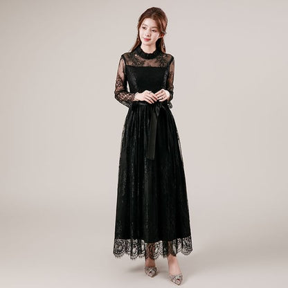 Long Sleeve Mock Neck Plain Frill Tie-Waist Lace A-Line Evening Dress