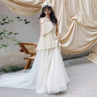 Plain Pleated Panel Mesh A-Line Tube Wedding Gown