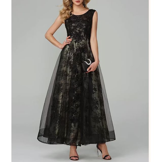 Sleeveless Round Neck Lace Panel Mesh A-Line Evening Dress