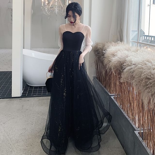 Long Sleeve Sweetheart Neck Two Tone Beaded Sequin Panel Mesh A-Line Evening Gown / Midi Cocktail Dress