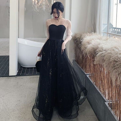 Long Sleeve Sweetheart Neck Two Tone Beaded Sequin Panel Mesh A-Line Evening Gown / Midi Cocktail Dress