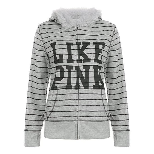 Long Sleeve Faux Fur Trim Lettering Print Striped Zip-Up Hooded Jacket