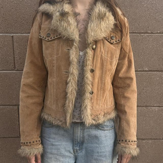 Long Sleeve Faux Fur Trim Suede Jacket