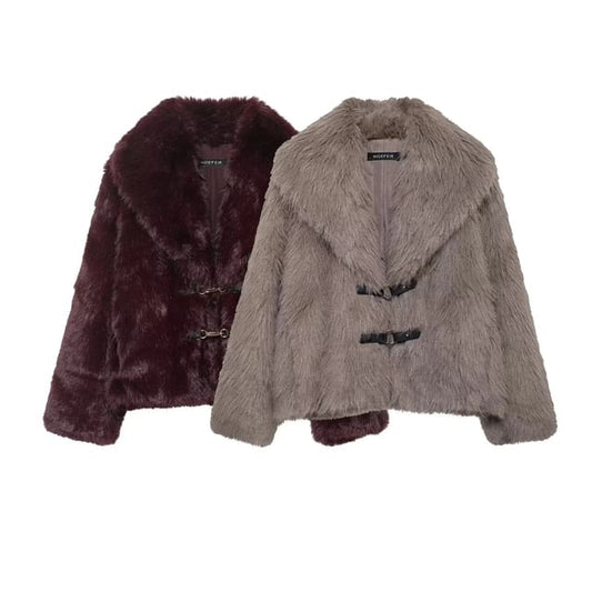 Collared Plain Faux Fur Buckle Jacket