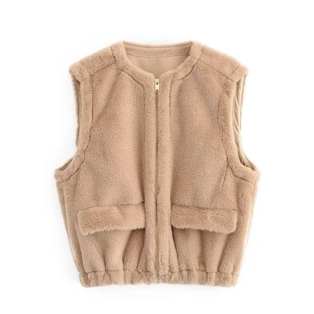 Round Neck Plain Faux Fur Zip Vest