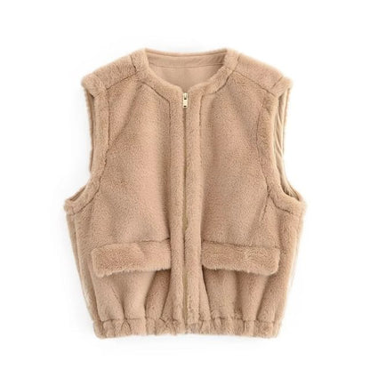Round Neck Plain Faux Fur Zip Vest