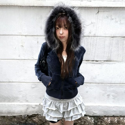 Long Sleeve Plain Velvet Furry-Trim Hooded Jacket