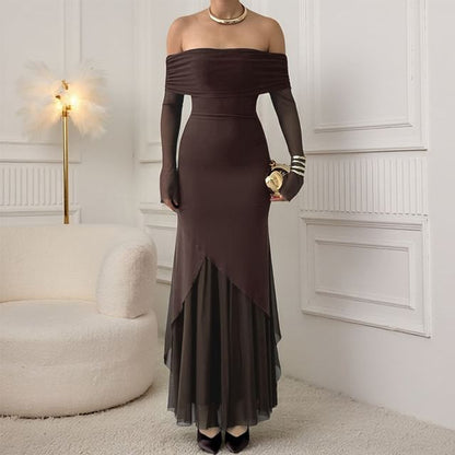 Long Sleeve Off Shoulder Plain Panel Mesh Trumpet Evening Dress