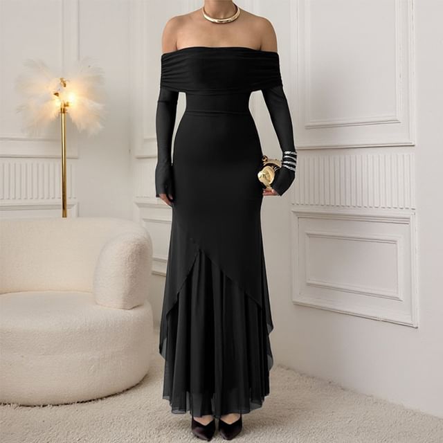 Long Sleeve Off Shoulder Plain Panel Mesh Trumpet Evening Dress