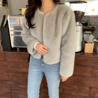 Crew Neck Plain Fluffy Open Front Crop Jacket