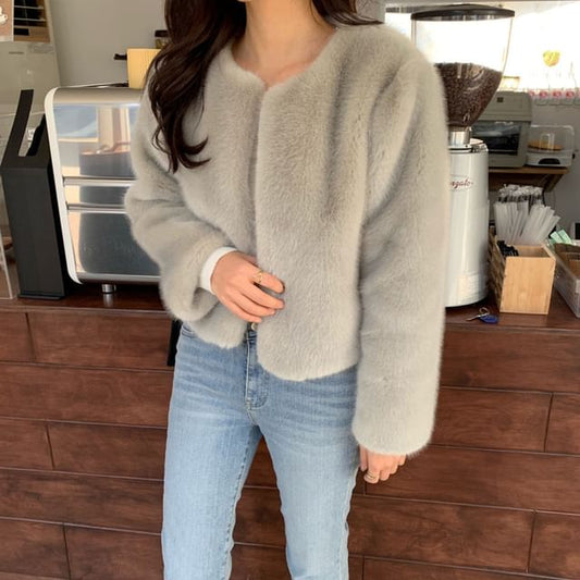 Crew Neck Plain Fluffy Open Front Crop Jacket