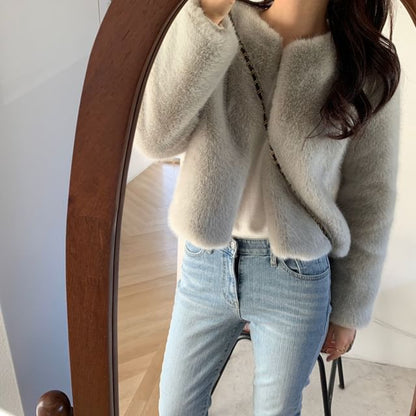 Crew Neck Plain Fluffy Open Front Crop Jacket