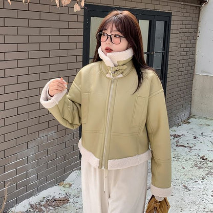 Plus Size Collared Fleece-Lined Zip-Up Faux Leather Aviator Jacket