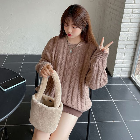 Plus Size Crew Neck Plain Cable Knit Sweater