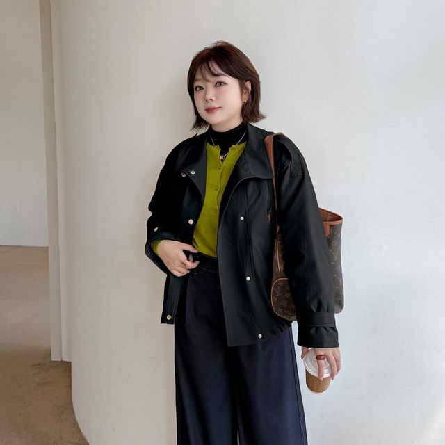 Plus Size Stand Collar Button-Up Plain Jacket