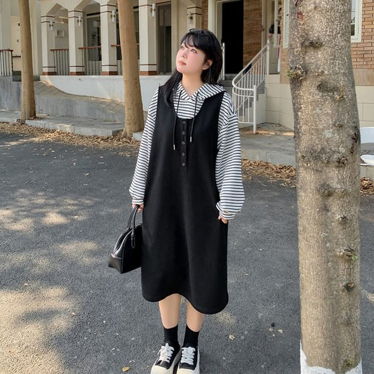 Plus Size Set: Striped Hoodie + Scoop Neck Half-Buttoned Plain Midi Overall Dress