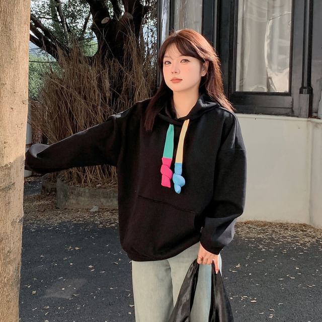 Plus Size Color Block Drawstring Hoodie