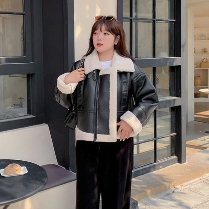 Plus Size Collared Fleece-Lined Zip-Up Faux Leather Aviator Jacket