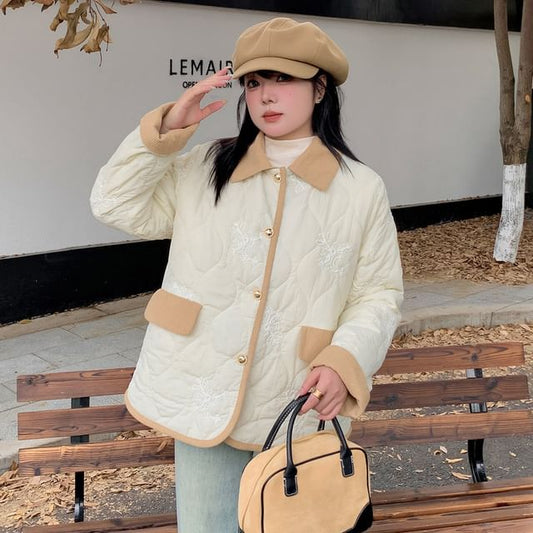 Plus Size Collared Floral Embroidered Quilted Contrast Trim Button-Up Barn Jacket