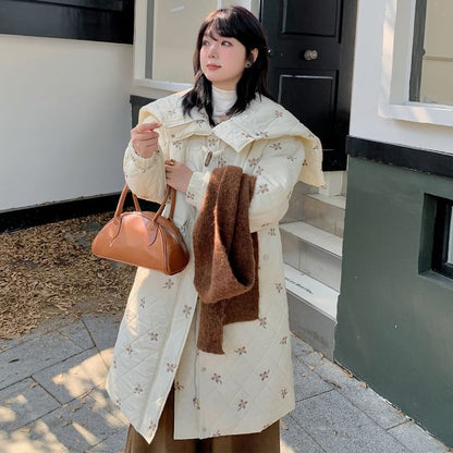 Plus Size Floral Embroidered Quilted Hooded Zip-Up Long Coat