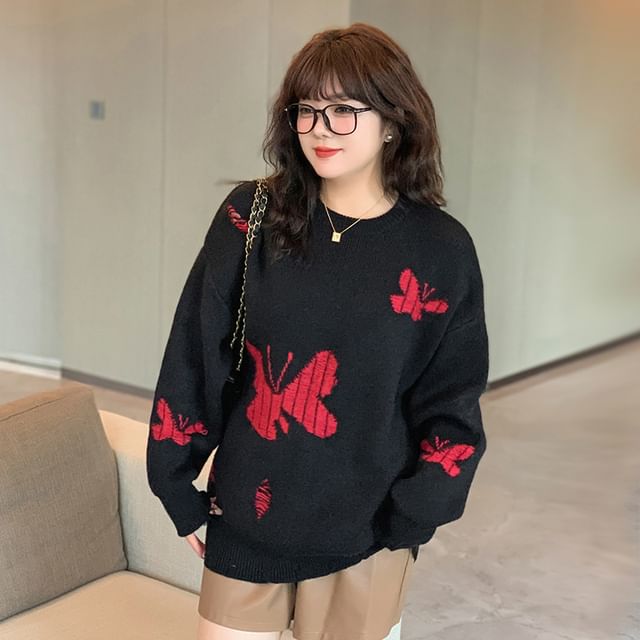Plus Size Crew Neck Butterfly Jacquard Distressed Sweater