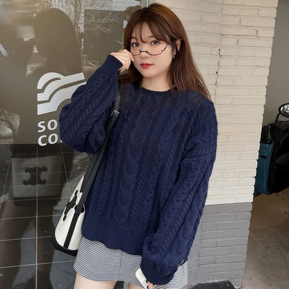 Plus Size Crew Neck Plain Cable Knit Sweater