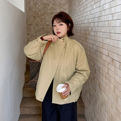 Plus Size Stand Collar Button-Up Plain Jacket