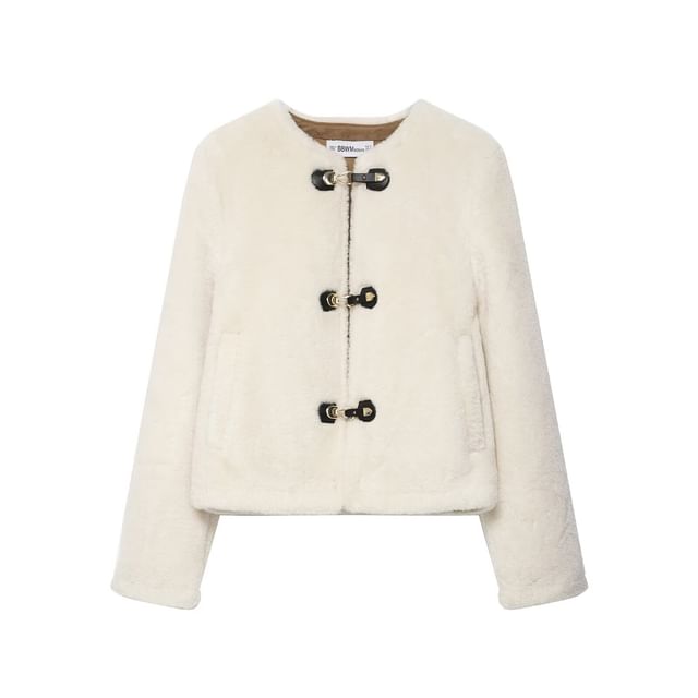 Crew Neck Plain Fluffy Buckled Jacket