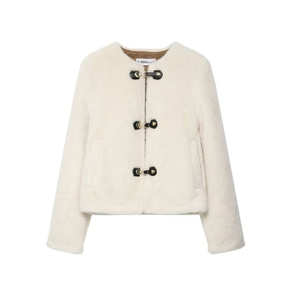 Crew Neck Plain Fluffy Buckled Jacket