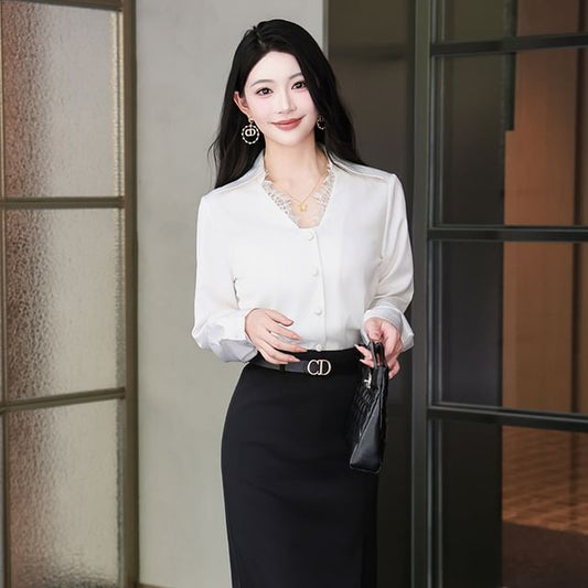 Lace Trim Button-Up Shirt and High Waist Midi Pencil Skirt Set