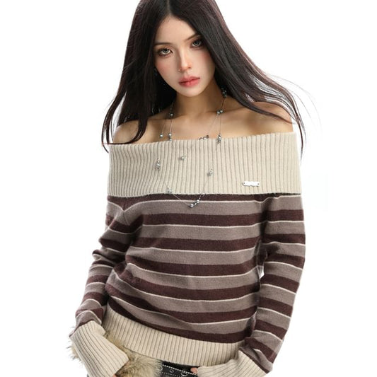 Bardot Offshoulder Striped Knit Pullover Sweater