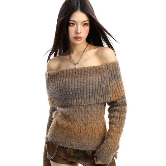 Gradient Ombre Cable Knit Bardot Pullover Sweater