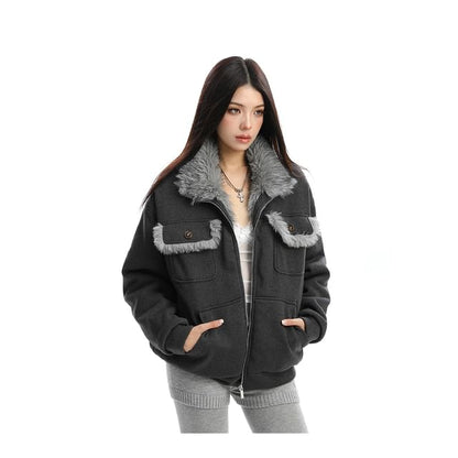 Collared Reversible Panel Faux Fur Zip Jacket