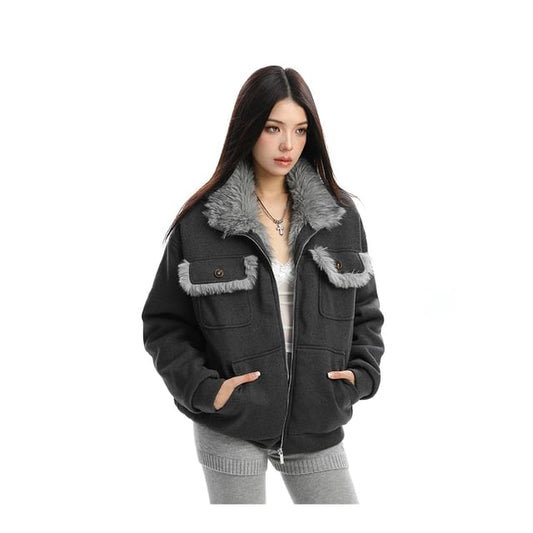 Collared Reversible Panel Faux Fur Zip Jacket