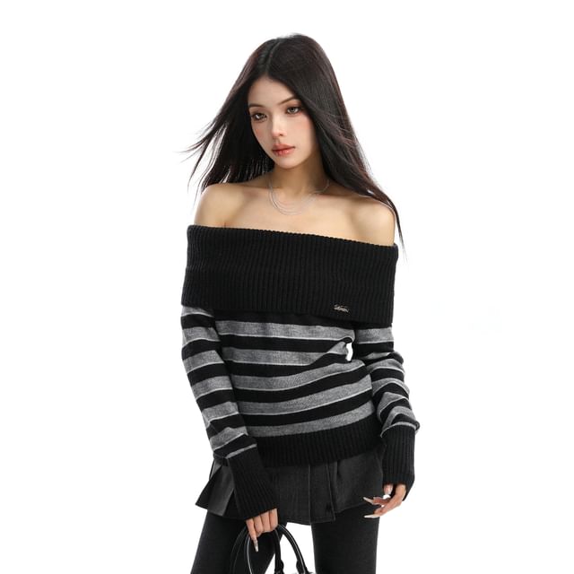 Bardot Offshoulder Striped Knit Pullover Sweater