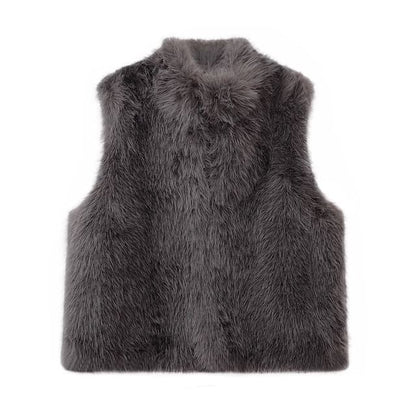Stand Collar Plain Faux Fur Vest